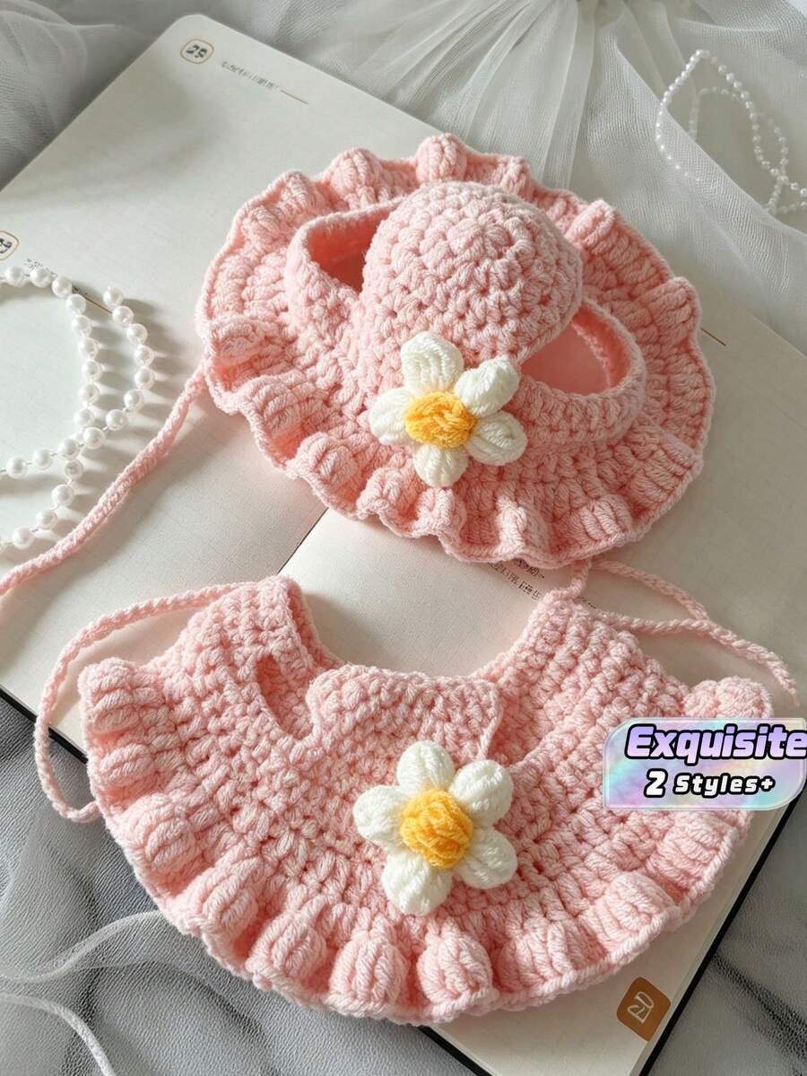1Pc Hand Crochet Pet Orchid Flower Hat, Knitted Pink Floral Warm Headwear, Autumn Winter Warm Pet Hat For Dogs And Cats - Multicolor - View 1