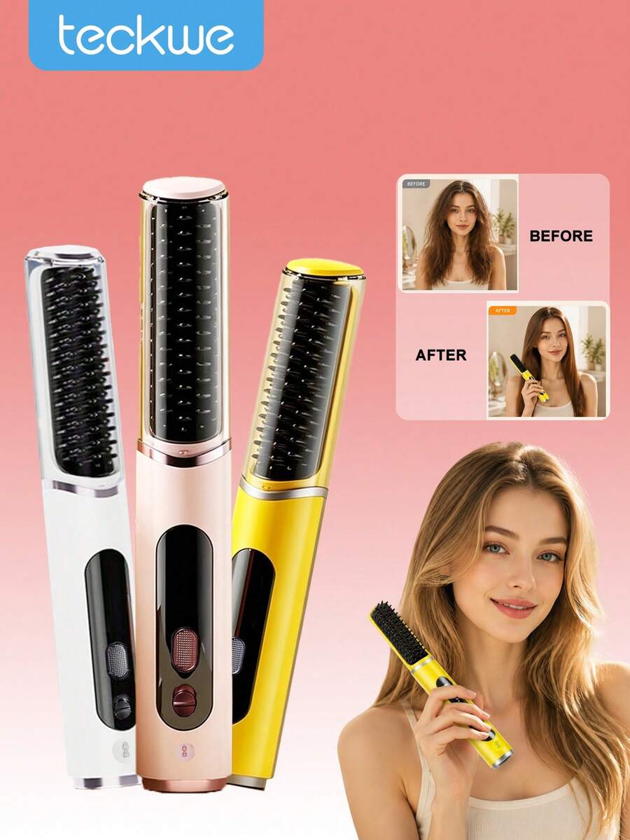 Teckwe Portable Wireless Straight Hair Comb, Fast Heating Function, 4000mAh Lithium Battery Power Supply, Long-Lasting Battery Life, LED Intelligent Digital Display, Hair Care Coating, Anti Scalding Comb Teeth, For Straight Hair Use,