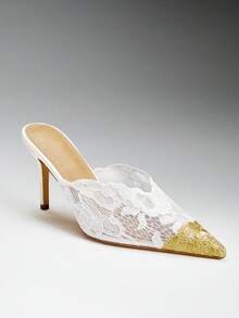 SHEIN SHUZIA Women's Gold Decor Pointy Toe Everyday Romantic Chic Sexy Party Lace Stiletto Mules - White - View 1