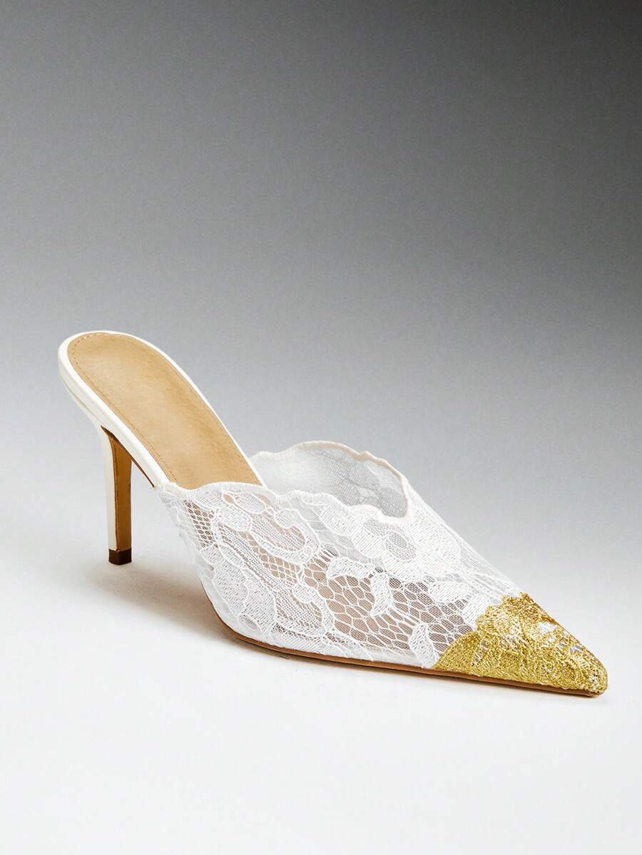 SHEIN SHUZIA Women's Gold Decor Pointy Toe Everyday Romantic Chic Sexy Party Lace Stiletto Mules - White - View 1