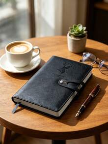 1Pc Deer Embossed PU Leather Notebook, Snap Button Closure Business Journal, Office School Writing Diary Notepad, Christmas Xmas Small Gift - black - View 6