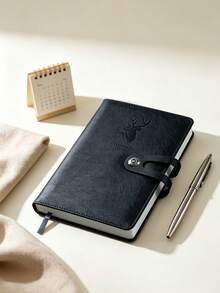 1Pc Deer Embossed PU Leather Notebook, Snap Button Closure Business Journal, Office School Writing Diary Notepad, Christmas Xmas Small Gift - black - View 8