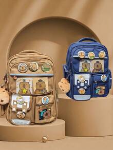 1Pc Fashion Capybara Theme Backpack With Adjustable Shoulder Strap-Durable Nylon Material, Zipper Closure, Polyester Lining, Printed Design-The Perfect Gift For Capybara Lovers, Travel Backpack, Shoulder Bag, Storage Bag - Rectangle - View 6
