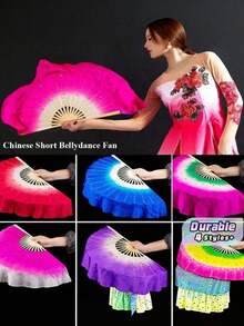 Short Chinese Belly Dance Fan, Bamboo Frame Artificial Silk Fan Veil, Dance Prop For Performance, Party, Show, Decoration & Craft Gift - Multicolor - View 1