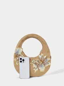 SHECARRY 女款時尚卡其色手提包，精緻亮片花朵裝飾，柔軟麂皮圓形包，適合日常使用、購物、度假、約會 - 卡其色1 - 查看 6