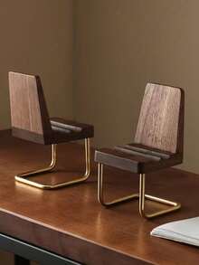 Creative Desktop Decor Wooden Brass Small Chair Solid Wood Phone Stand Walnut Tablet Stand - Brown - View 5