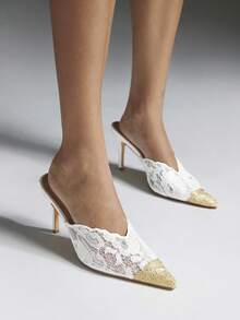 SHEIN SHUZIA Women's Gold Decor Pointy Toe Everyday Romantic Chic Sexy Party Lace Stiletto Mules - White - View 6