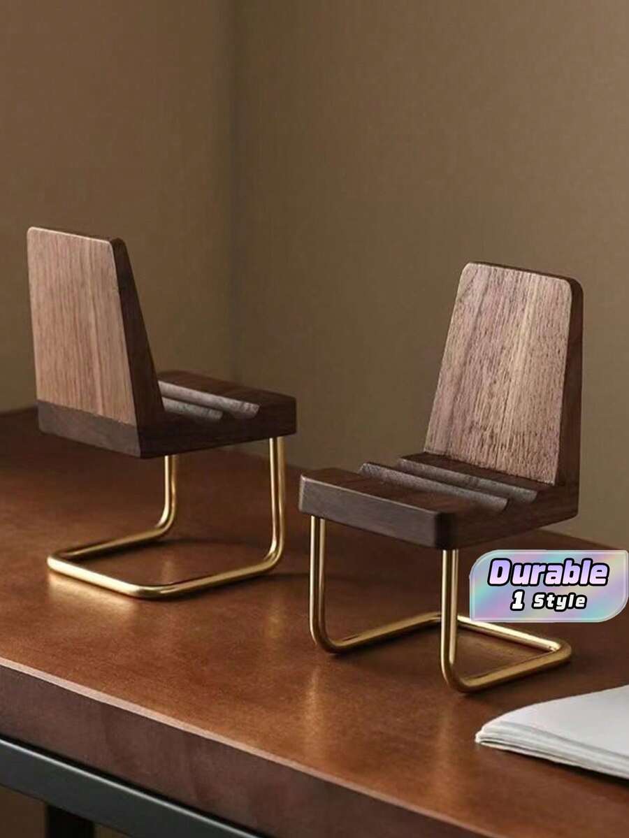 Creative Desktop Decor Wooden Brass Small Chair Solid Wood Phone Stand Walnut Tablet Stand - Brown - View 1