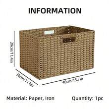 Haus Hana 1pc Handmade Woven Storage Basket, Minimalist Zen-Inspired Solid Color Storage Box, Bohemian Style Organizer For Living Room, Desktop, TV Stand, And Wardrobe - View 17