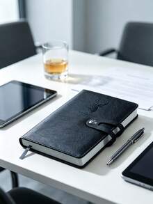 1Pc Deer Embossed PU Leather Notebook, Snap Button Closure Business Journal, Office School Writing Diary Notepad, Christmas Xmas Small Gift - black - View 2