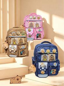 1Pc Fashion Capybara Theme Backpack With Adjustable Shoulder Strap-Durable Nylon Material, Zipper Closure, Polyester Lining, Printed Design-The Perfect Gift For Capybara Lovers, Travel Backpack, Shoulder Bag, Storage Bag - Rectangle - View 5