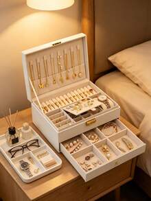 1Pc Large-Capacity 3-Tier PU Leather Lockable Jewelry Box, Soft Lining Anti-Scratch Portable Drawer Organizer For Rings, Earrings, Necklaces & Watches, Elegant Vanity Storage Case, Ideal For Home Dresser, Holiday, Wedding & Housewarming Gift Supplies - multicolor - View 9