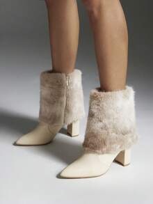 SHUZIA Women's Glamorous Foldable Faux Fur Lining Sexy Knee-High Block Heel Boots - White - View 2