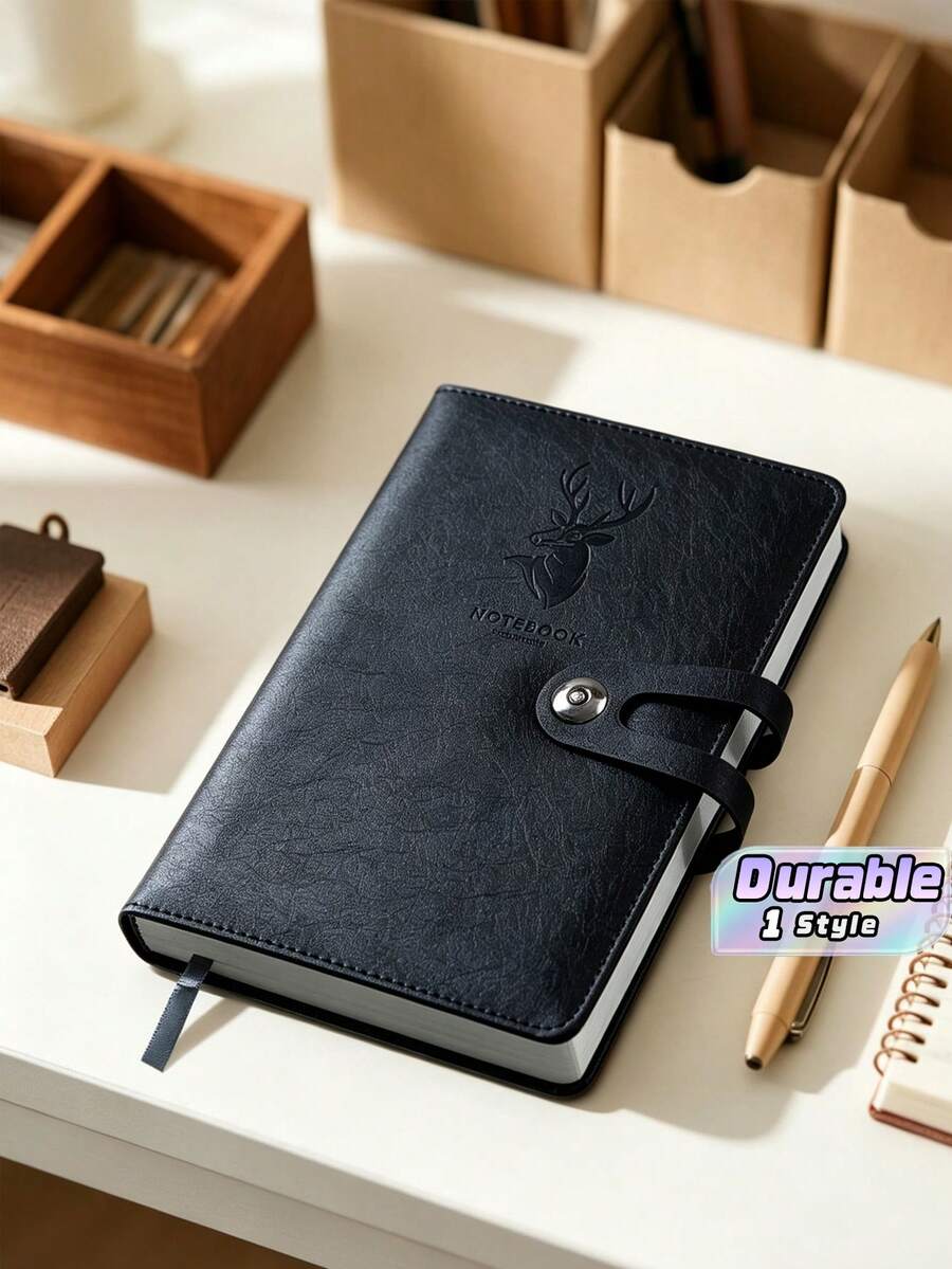 1Pc Deer Embossed PU Leather Notebook, Snap Button Closure Business Journal, Office School Writing Diary Notepad, Christmas Xmas Small Gift - black - View 1