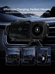 Teckwe 1pc,150mAh Built-In Battery,Dual Coil Fast Charge,360°Rotatable Buckle Lock Car Wireless Charger Holder,Auto Clamp Anti-Slip One-Hand Operation,ABS Material For Wireless Charging Phones,Daily Commute Road Trip Car Electronics Mount. - multicolor - View 2