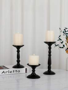 3 Sizes Black Metal Pillar Candle Holders, European Vintage Candlestick Holders, Light Luxury Table Centerpiece Decor For Wedding, Dinner, Home Living Room Decor - multicolor - View 2
