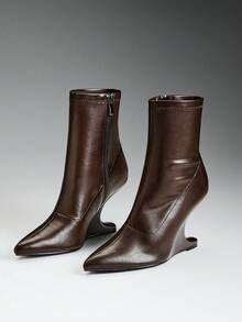 SHEIN SHUZIA Ladies Fashinable Glamorous Point Toe Structral Heel Ankle Booties - Coffee Brown - View 8