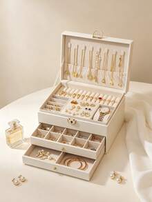 1Pc Large-Capacity 3-Tier PU Leather Lockable Jewelry Box, Soft Lining Anti-Scratch Portable Drawer Organizer For Rings, Earrings, Necklaces & Watches, Elegant Vanity Storage Case, Ideal For Home Dresser, Holiday, Wedding & Housewarming Gift Supplies - multicolor - View 11
