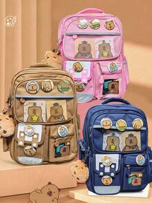 1Pc Fashion Capybara Theme Backpack With Adjustable Shoulder Strap-Durable Nylon Material, Zipper Closure, Polyester Lining, Printed Design-The Perfect Gift For Capybara Lovers, Travel Backpack, Shoulder Bag, Storage Bag - Rectangle - View 7