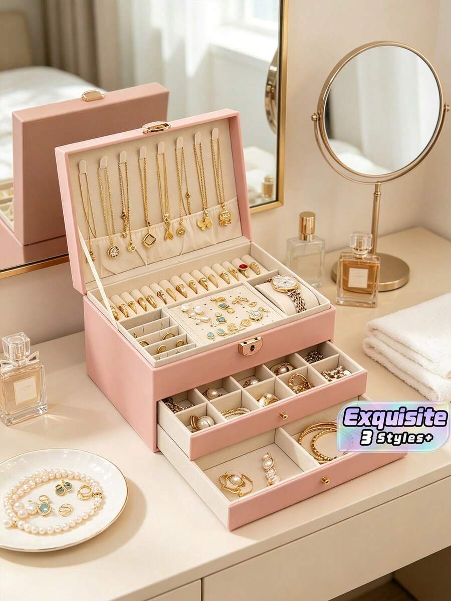 1Pc Large-Capacity 3-Tier PU Leather Lockable Jewelry Box, Soft Lining Anti-Scratch Portable Drawer Organizer For Rings, Earrings, Necklaces & Watches, Elegant Vanity Storage Case, Ideal For Home Dresser, Holiday, Wedding & Housewarming Gift Supplies