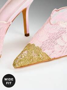 SHUZIA #أحذية نسائية ذات تصميم واسع الملائمة، أنيقة وجذابة للحفلات، ذات أصابع حادة وكعب إبرة مزينة بالدانتيل - وردي - مشاهدة 7