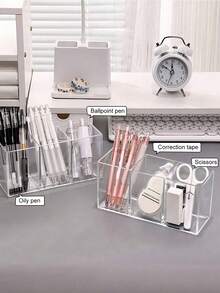 1pc 3‑Compartment Clear Plastic Makeup Brush Holder, Multifunctional Large‑Capacity Organizer For Brushes, Eyebrow Pencils & School Stationery Bathroom Countertop, Christmas Housewarming Birthday Gift, Vanity Decor, Desktop Storage, Cosmetic Display. - Clear - View 3