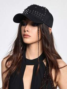ROMWE Grunge Punk 1 Piece Punk Style Black Solid Color Baseball Cap, Retro Rivet Cap, Daily Casual Versatile Hat - Rivet black - View 2