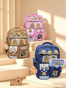 1Pc Fashion Capybara Theme Backpack With Adjustable Shoulder Strap-Durable Nylon Material, Zipper Closure, Polyester Lining, Printed Design-The Perfect Gift For Capybara Lovers, Travel Backpack, Shoulder Bag, Storage Bag - Rectangle - View 1