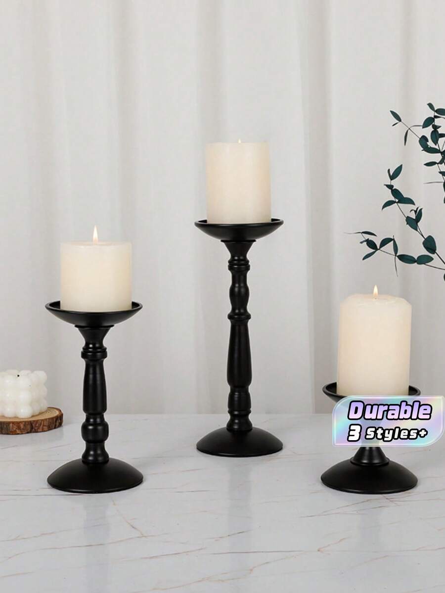 3 Sizes Black Metal Pillar Candle Holders, European Vintage Candlestick Holders, Light Luxury Table Centerpiece Decor For Wedding, Dinner, Home Living Room Decor - multicolor - View 1
