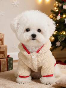 PETSIN 1pc Cat And Dog Universal Clothing, Christmas Tree Embroidery And "My First Christmas" Letter Pattern Dog Hooded Jacket, Thick Plush Fabric To Keep Warm In Winter, Suitable For Christmas Parties, Holiday Photography, And Daily Outings - White - View 3