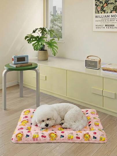 LOONEY TUNES X PETSIN 1 pieza Cojín de cama para mascotas con estampado de pájaro amarillo, cereza, fresa y limón, rosa y blanco, suave y cómodo, cálido y suave