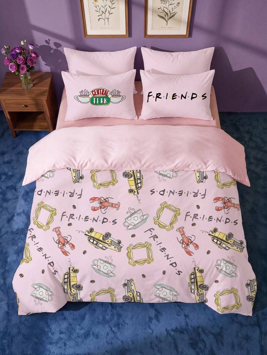 FRIENDS X Joivida 卡通床上用品套裝 (3件組) – 1件被套 + 2件枕套 (不含內芯),100% 聚酯纖維,可機洗 - 粉色 - 查看 1
