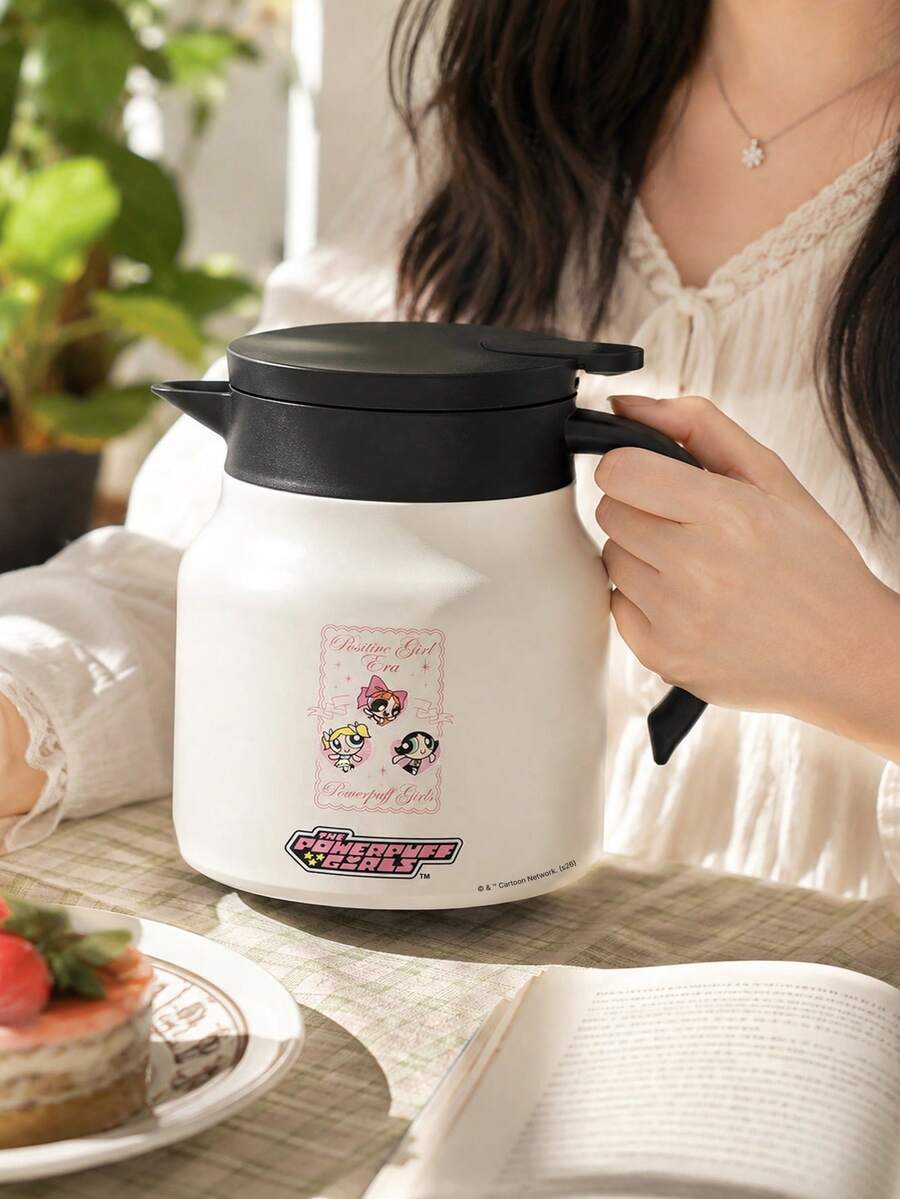 THE POWERPUFF GIRLS X SHEIN 1PC 800ml 1000ml 304 Stainless Steel Long Heat Cold Retention Dust Cover Anti Slip Bottom Lightweight Reusable Character Pattern Thermal Kettle For Commute Hiking Picnic Daily Universal Trending Hydration Container - Multicolor - View 1