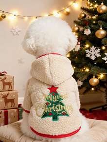 PETSIN 1pc Cat And Dog Universal Clothing, Christmas Tree Embroidery And "My First Christmas" Letter Pattern Dog Hooded Jacket, Thick Plush Fabric To Keep Warm In Winter, Suitable For Christmas Parties, Holiday Photography, And Daily Outings - White - View 2
