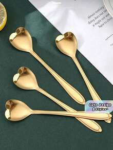 4pcs Heart Design Spoon, Stainless Steel Modern Creative Coffee Teaspoon, Stirring Spoon, Scoop For Cake School Supplies,Food Contact Materials,Dishwasher Friendly,Back To School Christmas For Holiday Gift Giving - Gold - View 2