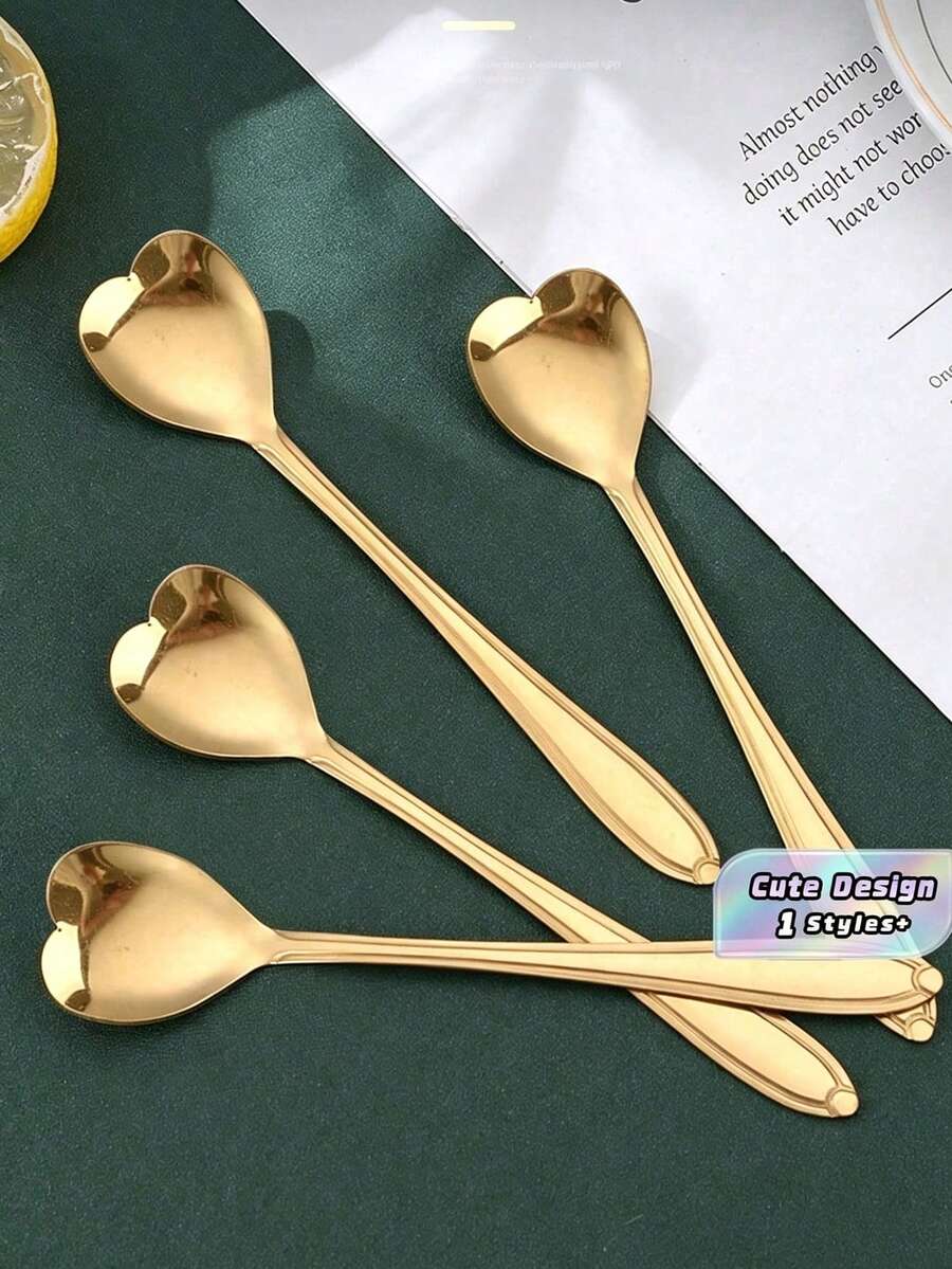 4pcs Heart Design Spoon, Stainless Steel Modern Creative Coffee Teaspoon, Stirring Spoon, Scoop For Cake School Supplies,Food Contact Materials,Dishwasher Friendly,Back To School Christmas For Holiday Gift Giving