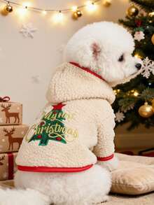 PETSIN 1pc Cat And Dog Universal Clothing, Christmas Tree Embroidery And "My First Christmas" Letter Pattern Dog Hooded Jacket, Thick Plush Fabric To Keep Warm In Winter, Suitable For Christmas Parties, Holiday Photography, And Daily Outings - White - View 4