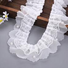 1/5/10 Yard White Beaded Double‑Layer Chiffon Pearl Ruffled Lace Trim,Clothing Sewing Accessories,Sweater Handmade Diy Materials - White - View 2