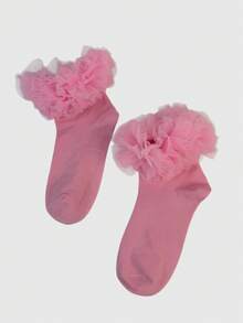ROMWE Kawaii 女款中筒襪，帶荷葉邊與蕾絲荷葉邊 - 淺粉色 - 查看 2