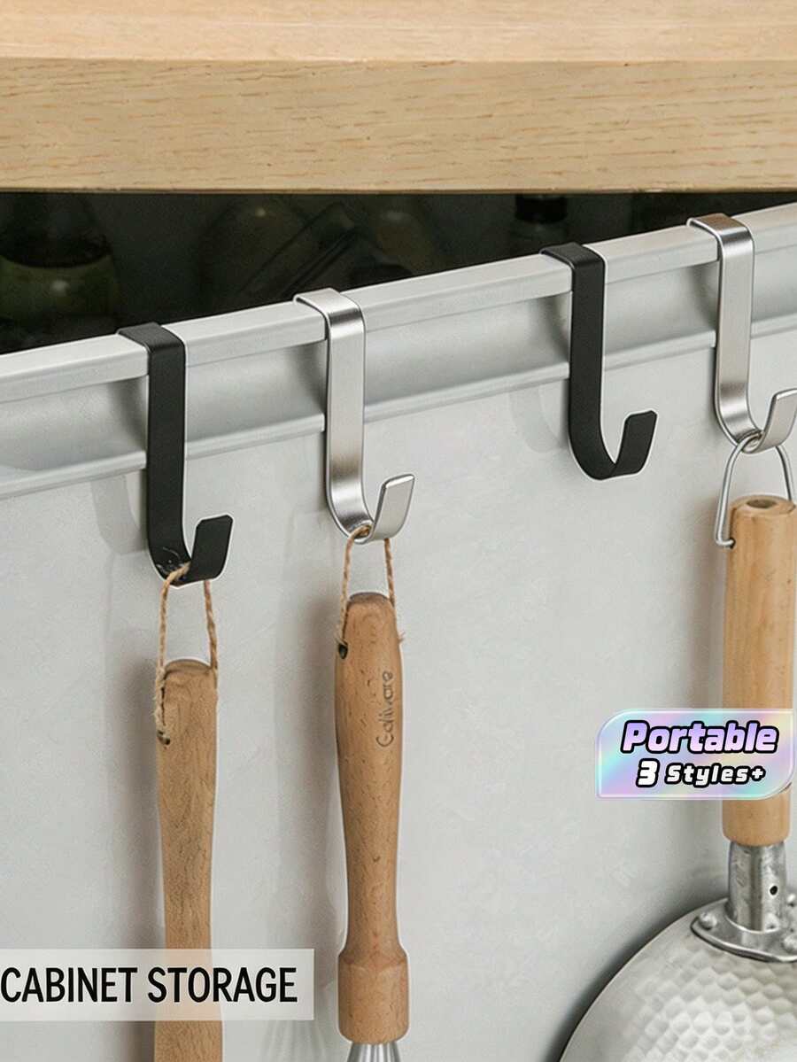 3/6Pcs Stainless Steel Drill-Free Double S-Shaped Hooks, Storage Hooks For Hanging Clothes, Hats And Towels On The Back Of Kitchen And Bathroom Cabinet Doors - Multicolor - View 1