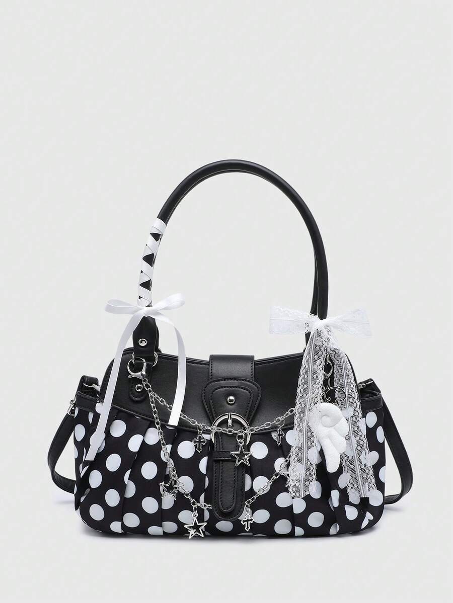 ROMWE Kawaii 黑色女款大容量多口袋單肩包手提包,復古迷彩,十字架與愛心吊飾裝飾蝴蝶結 - 波點尼龍黑 - 查看 1
