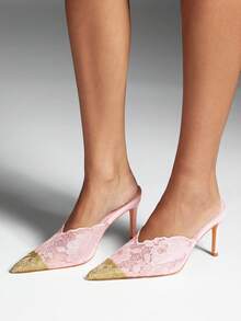 SHEIN SHUZIA Women's Gold Decor Pointy Toe Everyday Romantic Chic Sexy Party Lace Stiletto Mules - Pink - View 2