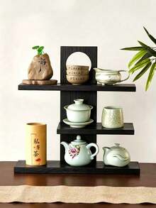 1pc Retro Wooden Perfume Rack, Vintage Solid Wood Multi-Layer Cosmetic Display Shelf - Black - View 9