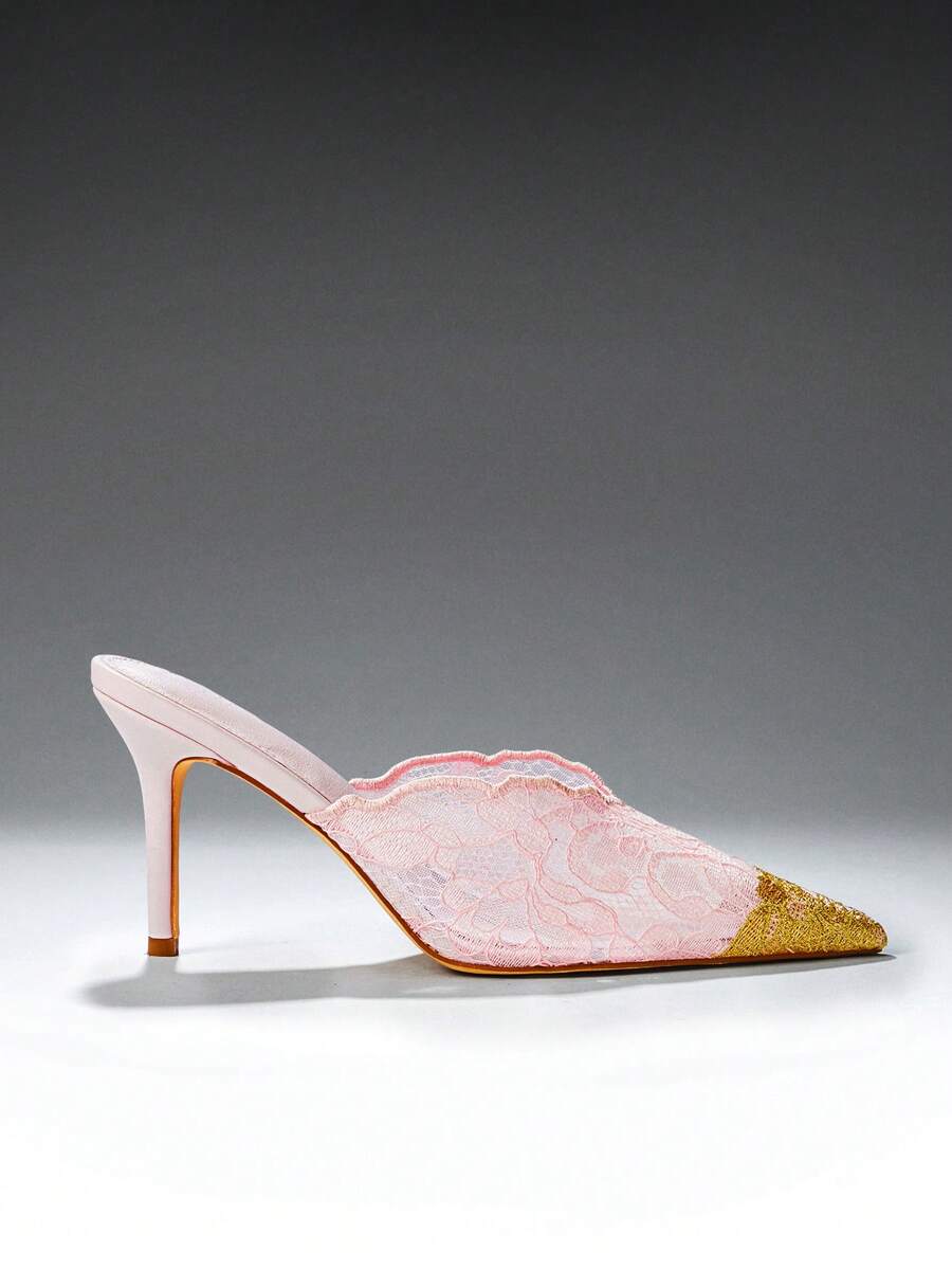 SHEIN SHUZIA Women's Gold Decor Pointy Toe Everyday Romantic Chic Sexy Party Lace Stiletto Mules - Pink - View 1
