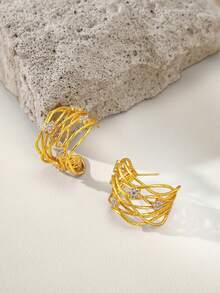 Opalesca 18K Gold-Plated Flower Inlaid Texture Light Luxury Stud Earrings - Yellow Gold - View 2