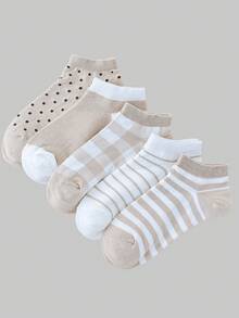 ROMWE Kawaii 5pairs Polka Dot & Striped Print Ankle Socks - Multicolor - View 1