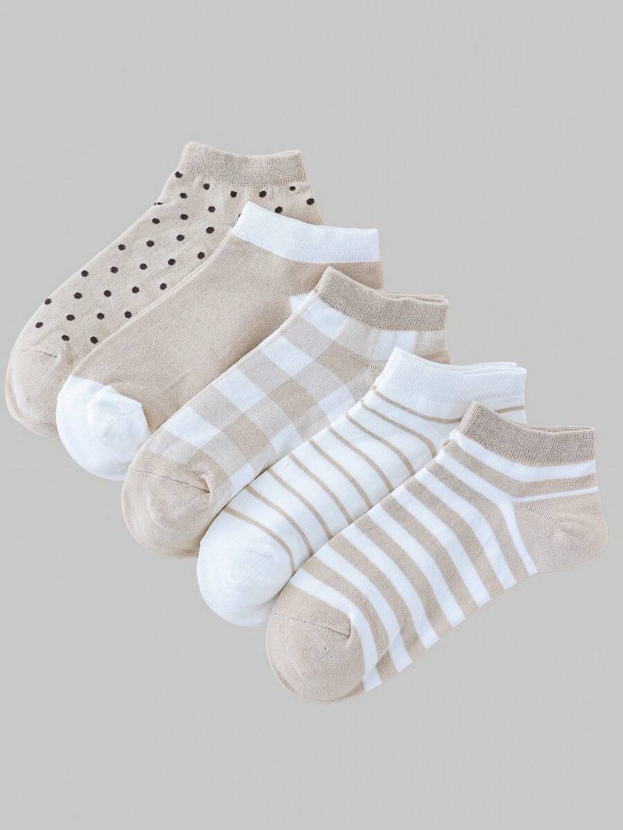 ROMWE Kawaii 5pairs Polka Dot & Striped Print Ankle Socks - Multicolor - View 1