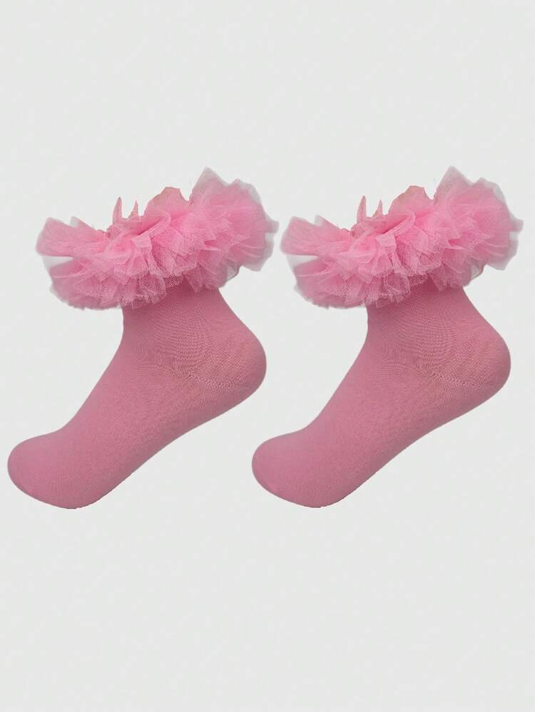 ROMWE Kawaii Women's Medium Tube Socks With Ruffled Edges, Lace Ruffles - Baby Pink - View 4