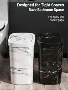 1Pc Marble Pattern Trash Can With Lid Space-Saving Slender Trash Can Suitable For Compact Space Elastic Lid Garbage Container Waterproof Wastebasket Suitable For Small Apartment Hotel Household Toilet Bathroom Waste - Multicolor - View 6
