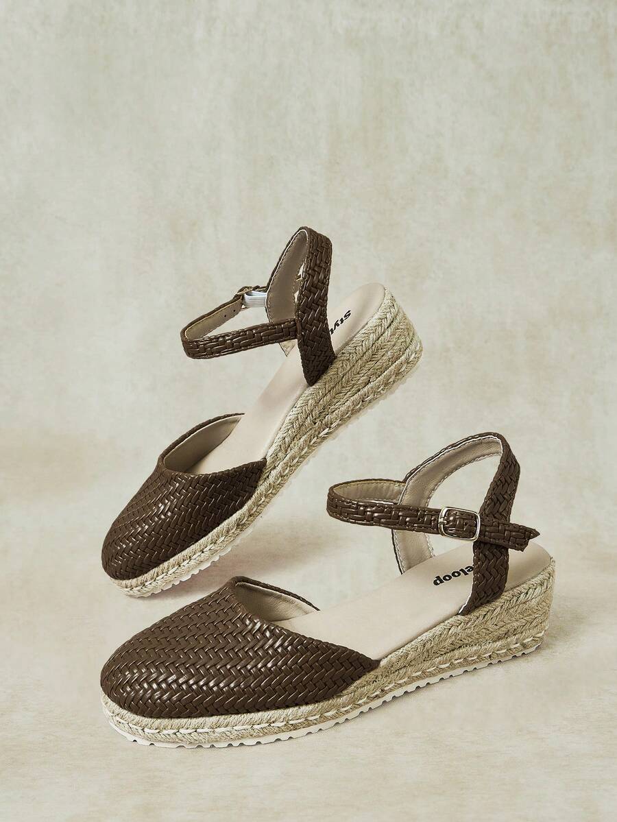 Styleloop New Brown Embossed Straw Wedge Sandals With Ankle Strap, Casual Beach Holiday Outdoor Comfortable Versatile Women's Shoes - Brown 3 - View 1